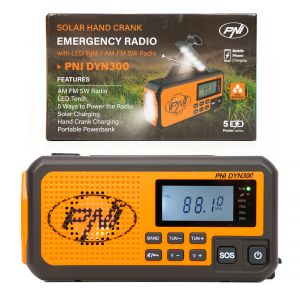 Portable radio PNI DYN300, with dynamo, solar charge, flashlight, powerbank 4000 mAh, SOS, orange