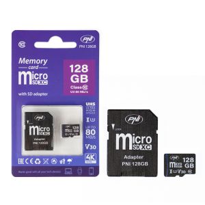 MicroSD PNI 128GB memory card with SD adapter, Class 10, 80 Mb/s, V30