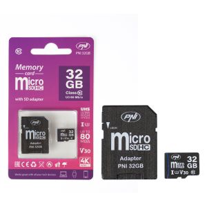 MicroSD PNI 32GB memory card with SD adapter, Class 10, 80 Mb/s, V30