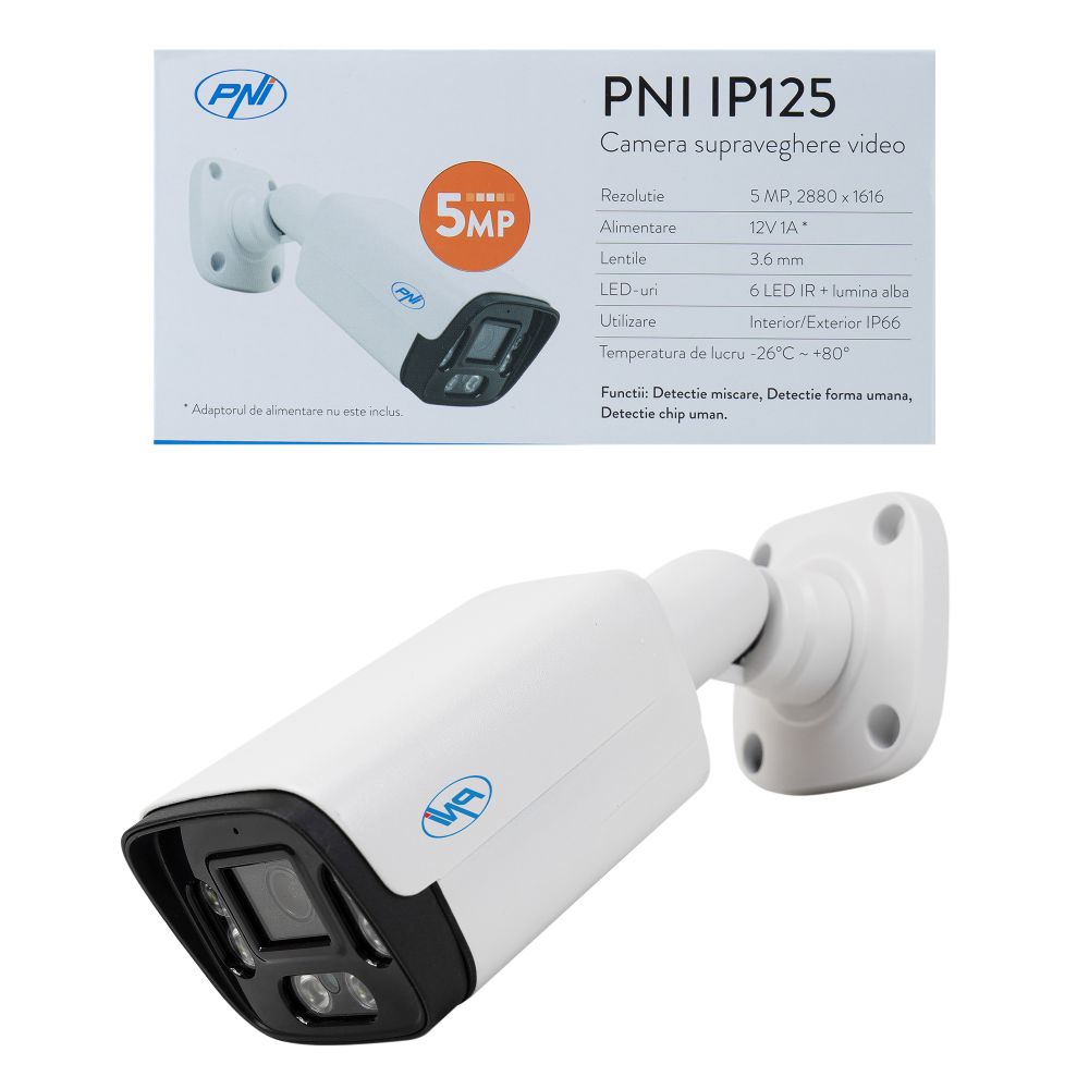 PNI IP125 video surveillance camera with IP, 5MP, H.265, ONVIF, outdoor and  indoor IP66, human detection, motion detection