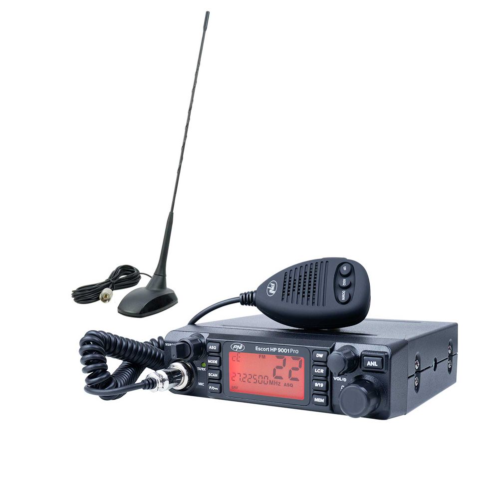 CB PNI ESCORT HP 9001 PRO ASQ radio station package adjustable, AM-FM, 12V,  4W CB PNI Extra 48 antenna with magnet included, 45 cm, 150W, SWR 1.0