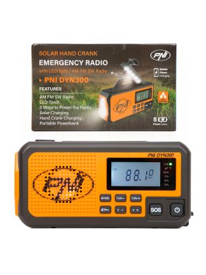 Portable radio PNI DYN300, with dynamo, solar charge, flashlight, powerbank 4000 mAh, SOS, orange