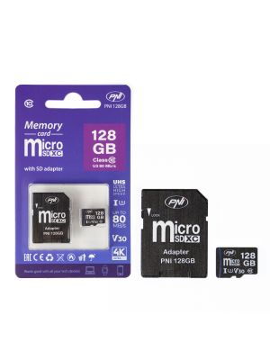 MicroSD PNI 128GB memory card with SD adapter, Class 10, 80 Mb/s, V30