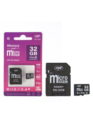 MicroSD PNI 32GB memory card with SD adapter, Class 10, 80 Mb/s, V30