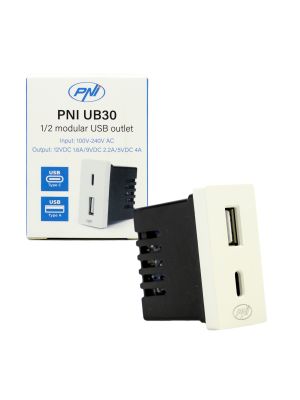 Power socket 2 x USB PNI UB30, USB-A USB-C, 12V/9V/5V, max. 20W, modular, type F 1/2, recessed mounting